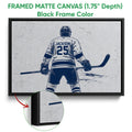 Black framed canvas hockey wall art with a textured player illustration and close-up canvas detail