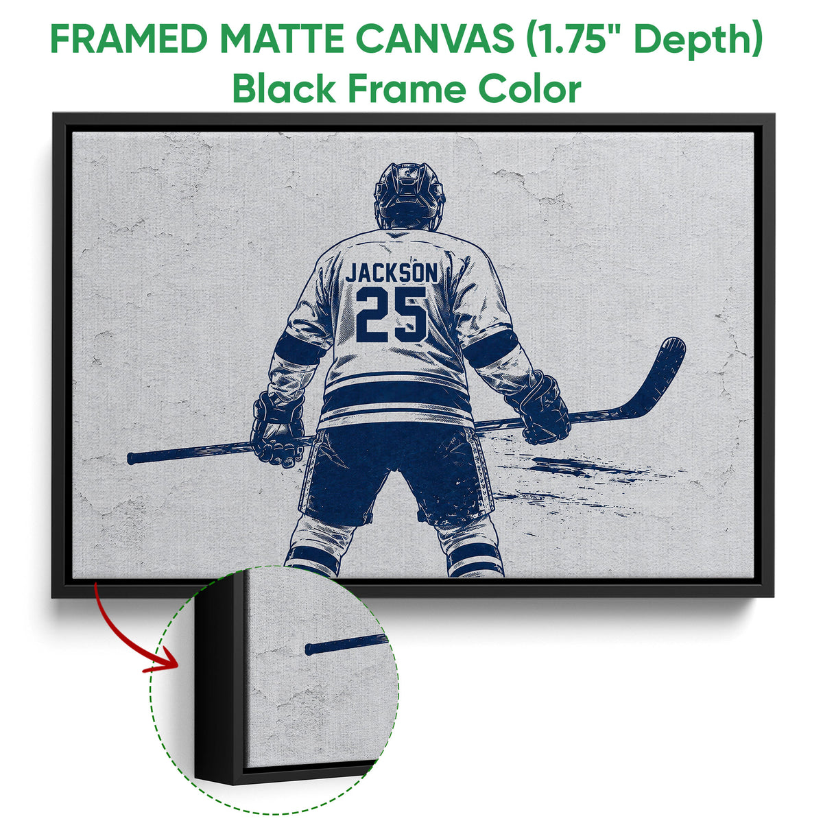 Black framed canvas hockey wall art with a textured player illustration and close-up canvas detail