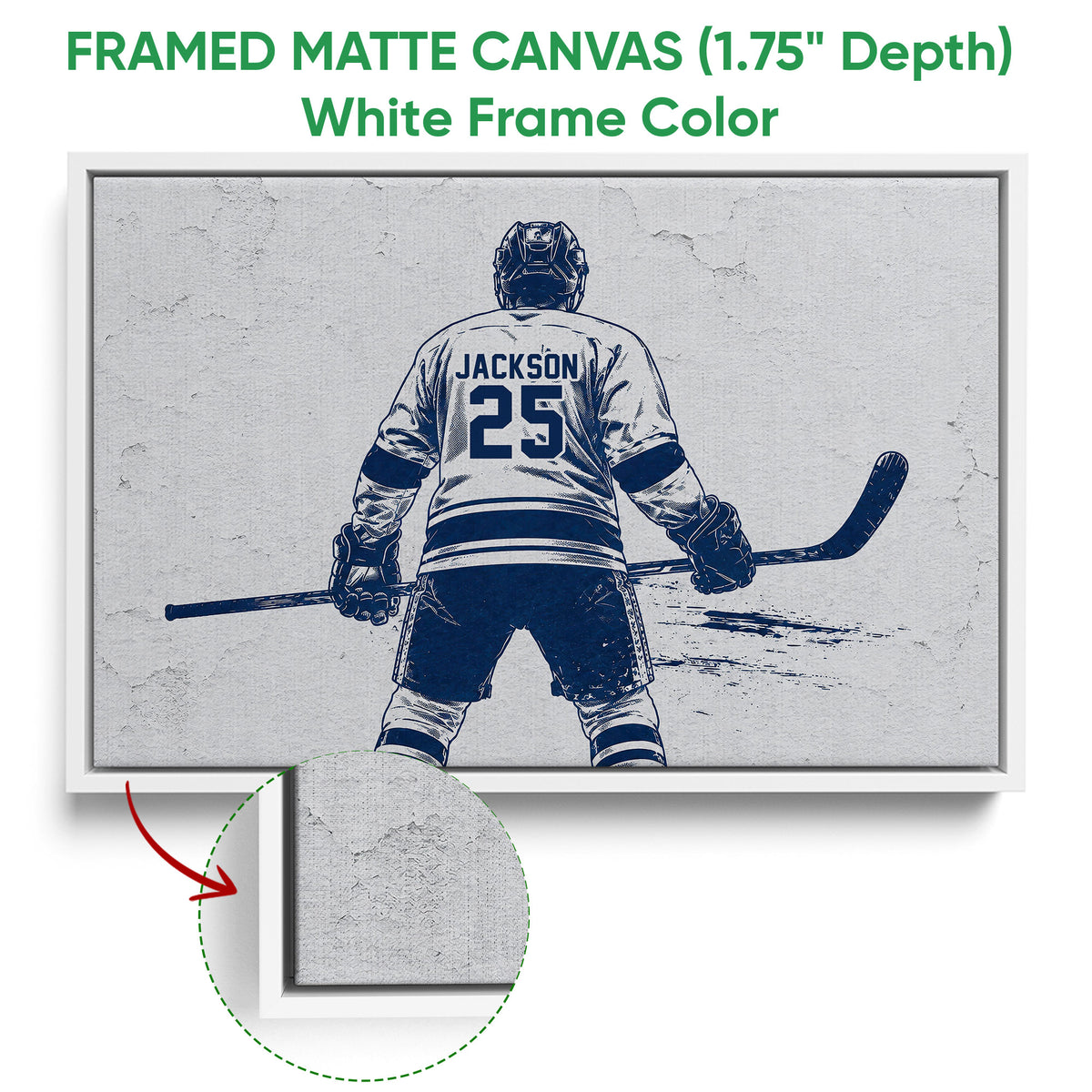 White framed canvas hockey wall art with a navy and white player illustration and close-up canvas detail