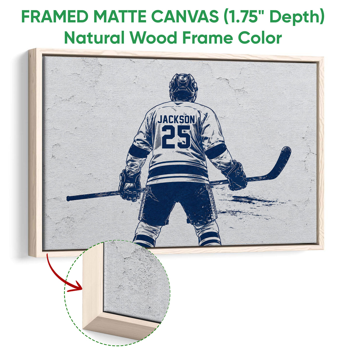 Natural wood framed canvas hockey wall art with a textured player illustration and close-up frame detail