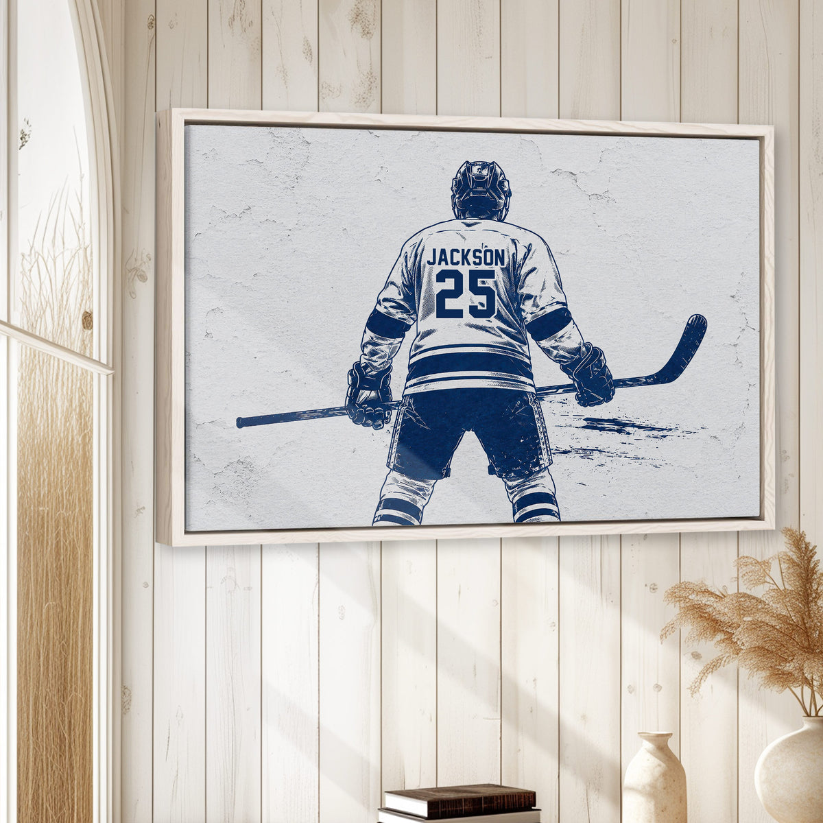 Hockey wall art displayed in a bright wood-paneled room with neutral decor and a natural wood frame