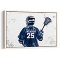 Framed lacrosse wall art featuring a helmeted player with a lacrosse stick in navy and white tones