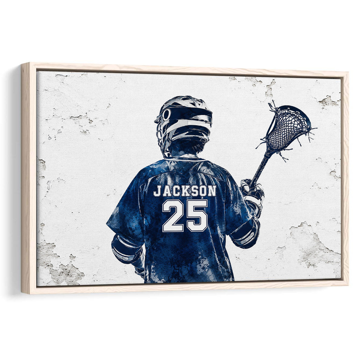 Framed lacrosse wall art featuring a helmeted player with a lacrosse stick in navy and white tones