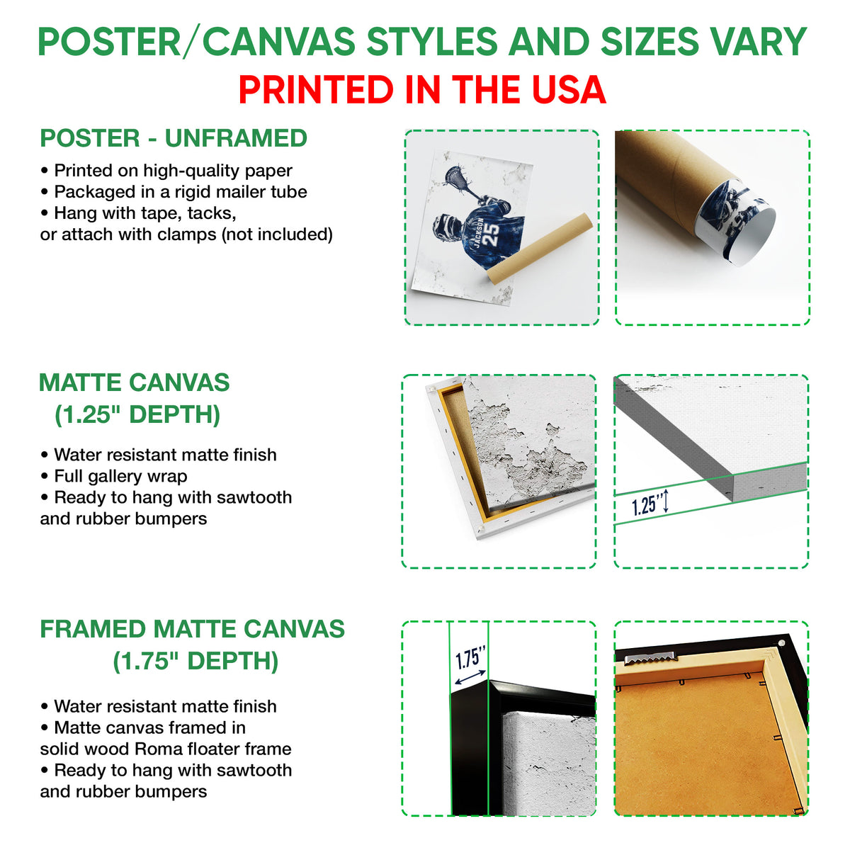 Poster and canvas wall art format guide showing unframed poster, matte canvas, and framed canvas options