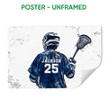Unframed lacrosse poster featuring a helmeted player with a lacrosse stick and distressed navy artwork