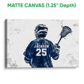 Matte canvas lacrosse wall art showing a helmeted player and lacrosse stick on a textured white background