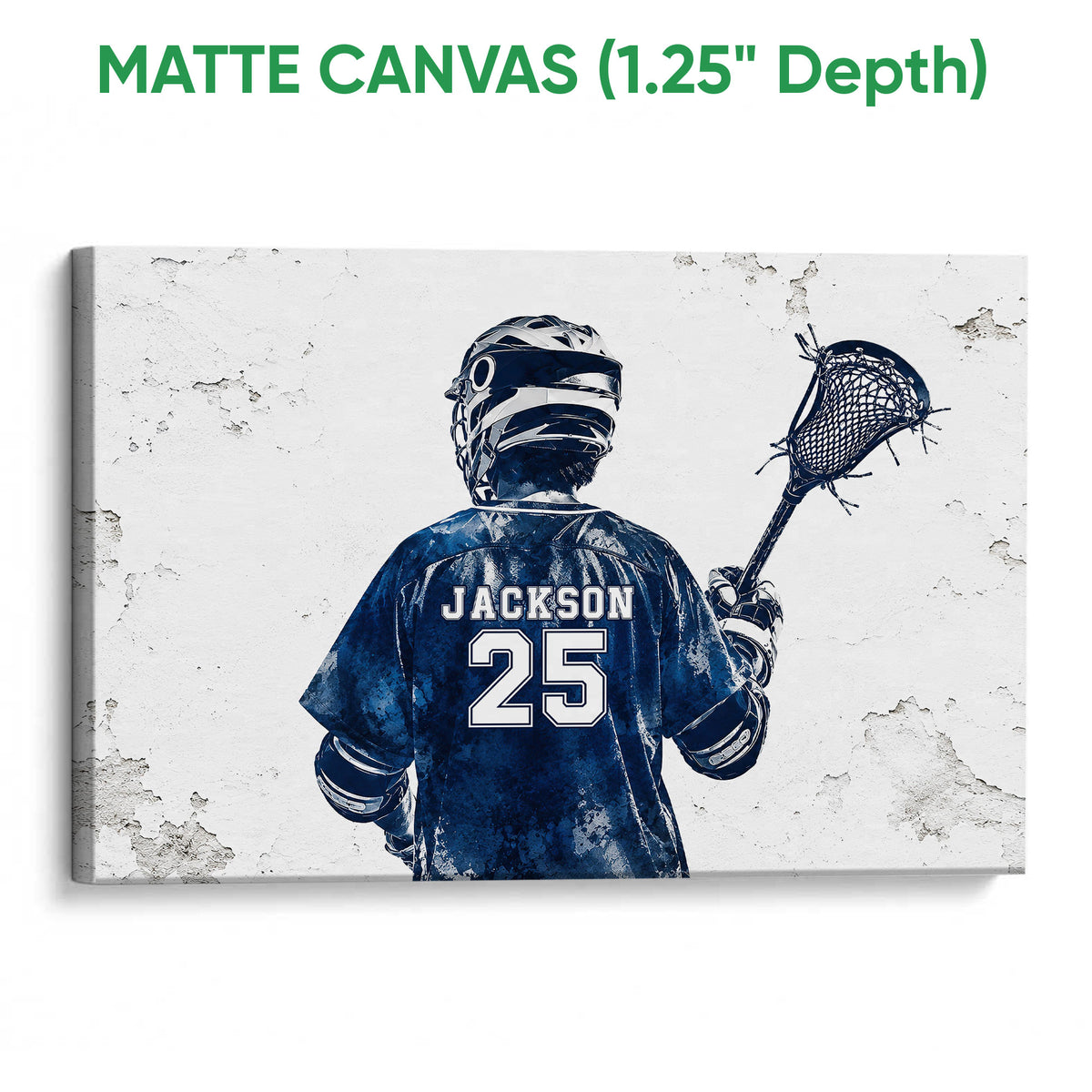 Matte canvas lacrosse wall art showing a helmeted player and lacrosse stick on a textured white background