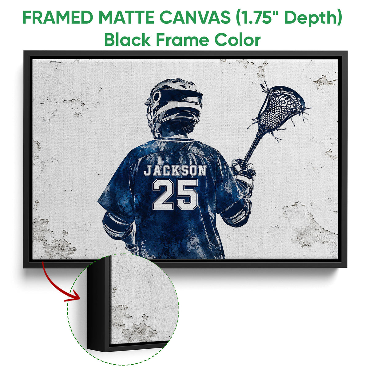 Framed lacrosse canvas wall art with a black frame and close-up view of the textured artwork
