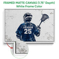 Framed lacrosse canvas wall art with a white frame and close-up view of the textured canvas surface