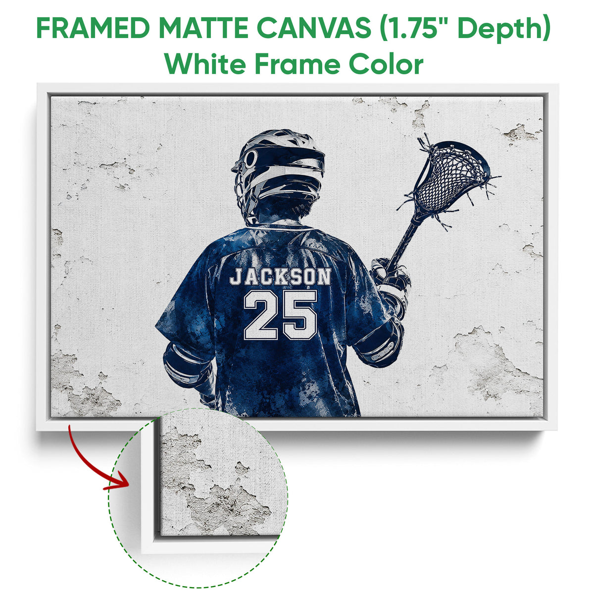 Framed lacrosse canvas wall art with a white frame and close-up view of the textured canvas surface