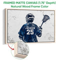 Framed lacrosse canvas wall art with a natural wood frame and detailed textured artwork