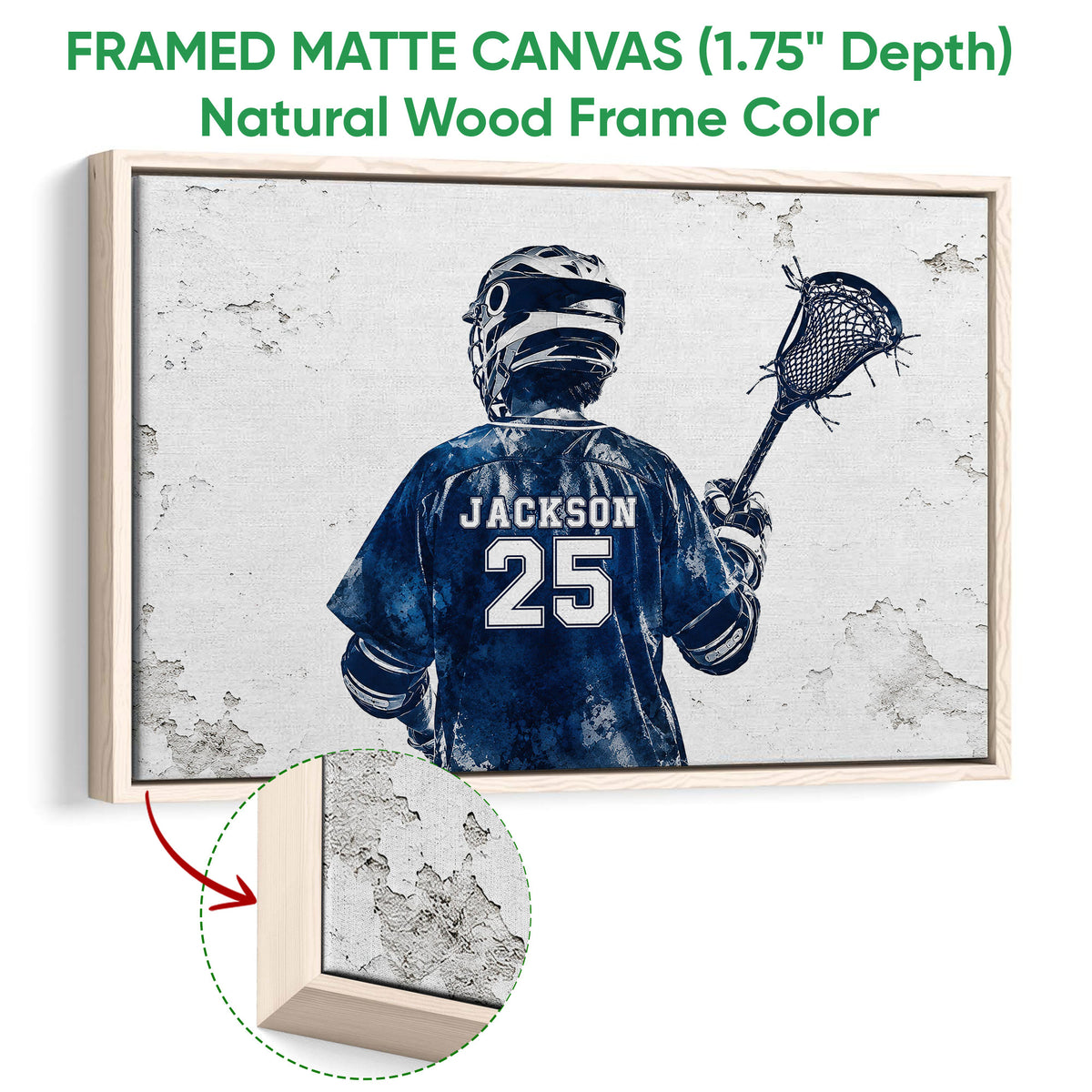 Framed lacrosse canvas wall art with a natural wood frame and detailed textured artwork