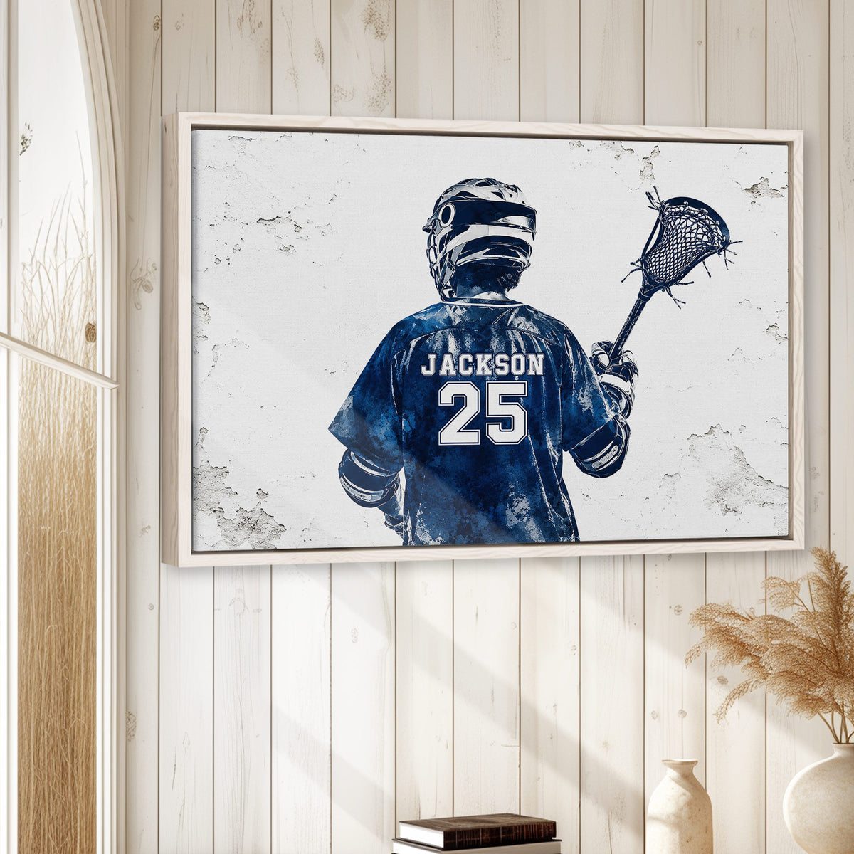 Lacrosse wall art displayed in a bright wood-paneled room with natural decor and a light wood frame
