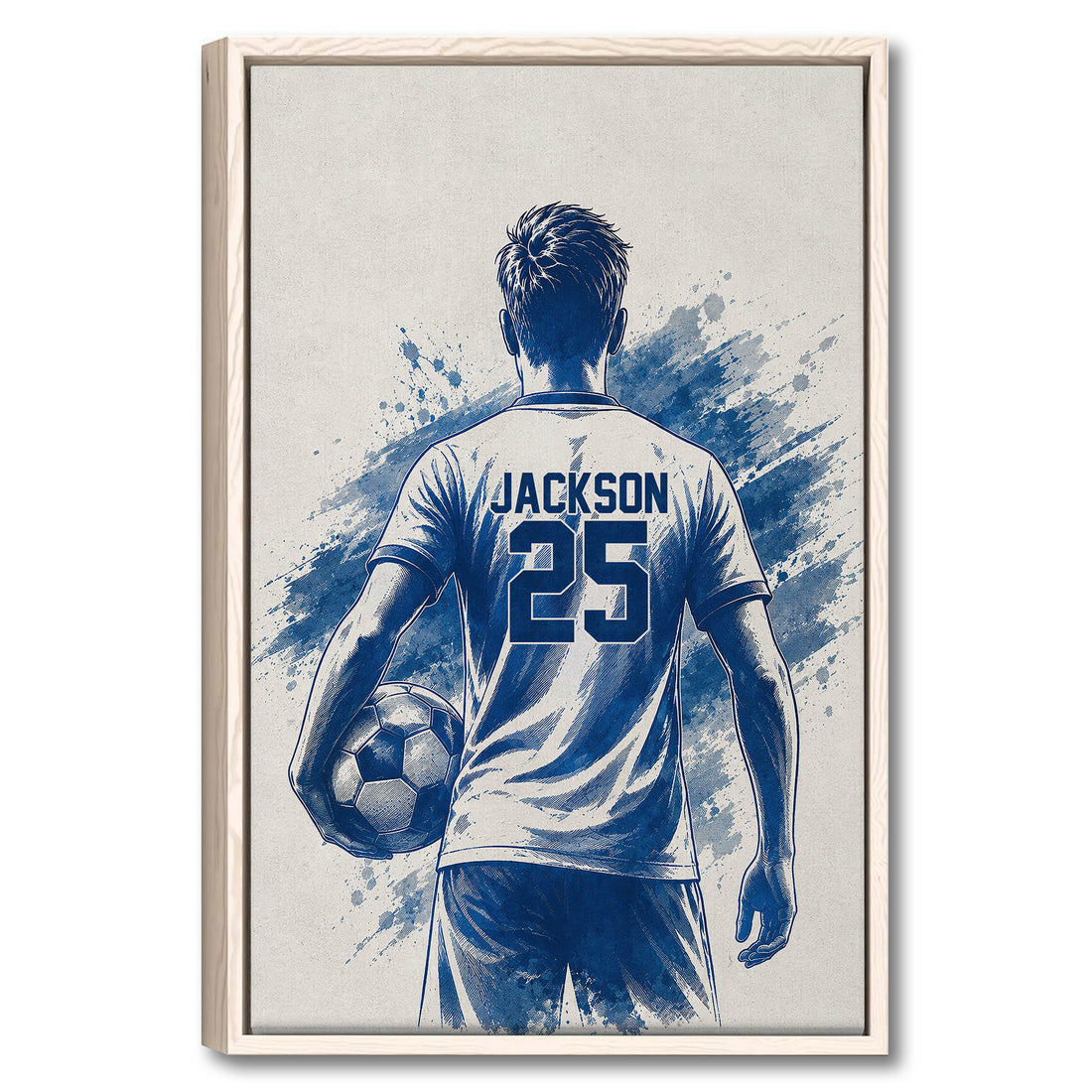 Framed soccer wall art showing a player from behind with a ball and blue painted background