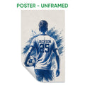 Unframed soccer poster featuring a rear-view player holding a ball in blue artwork