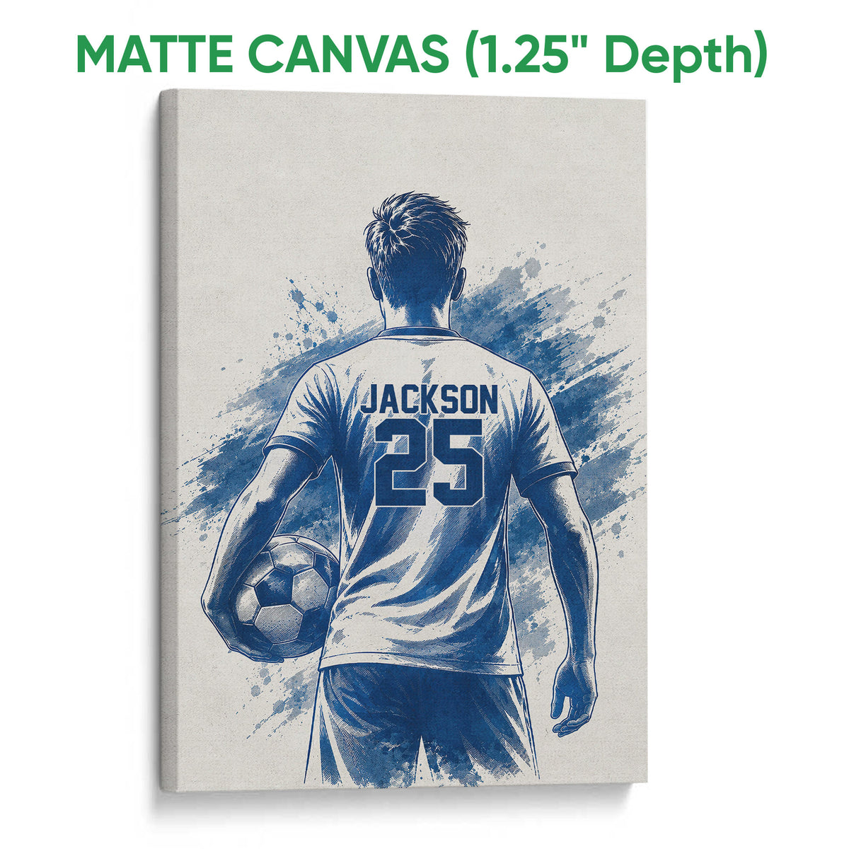 Matte canvas soccer wall art with a rear-view player, ball, and blue brushstroke design