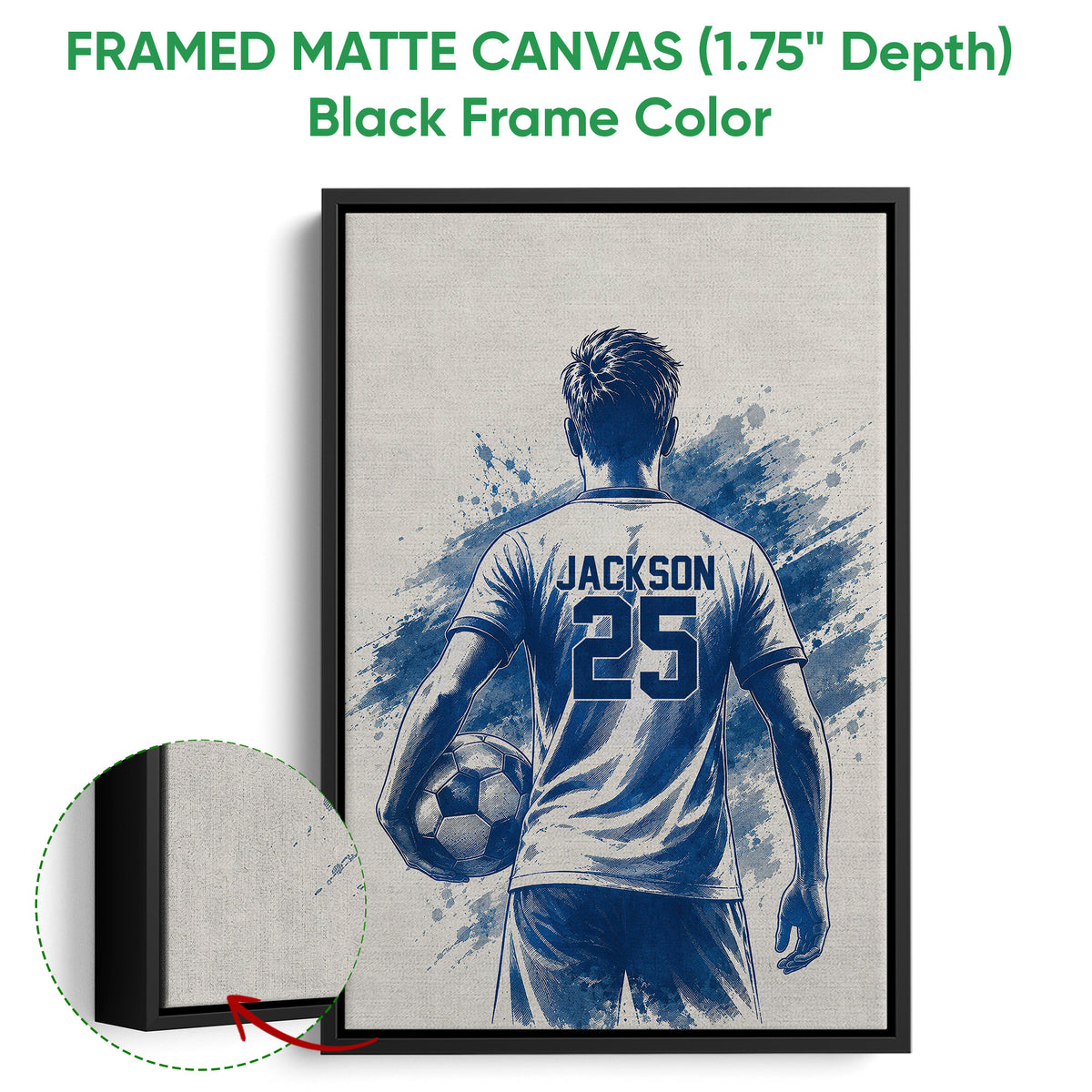 Black framed soccer canvas wall art with a player holding a ball and blue sports artwork