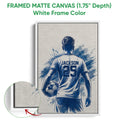White framed soccer canvas wall art featuring a player and ball in blue monochrome artwork