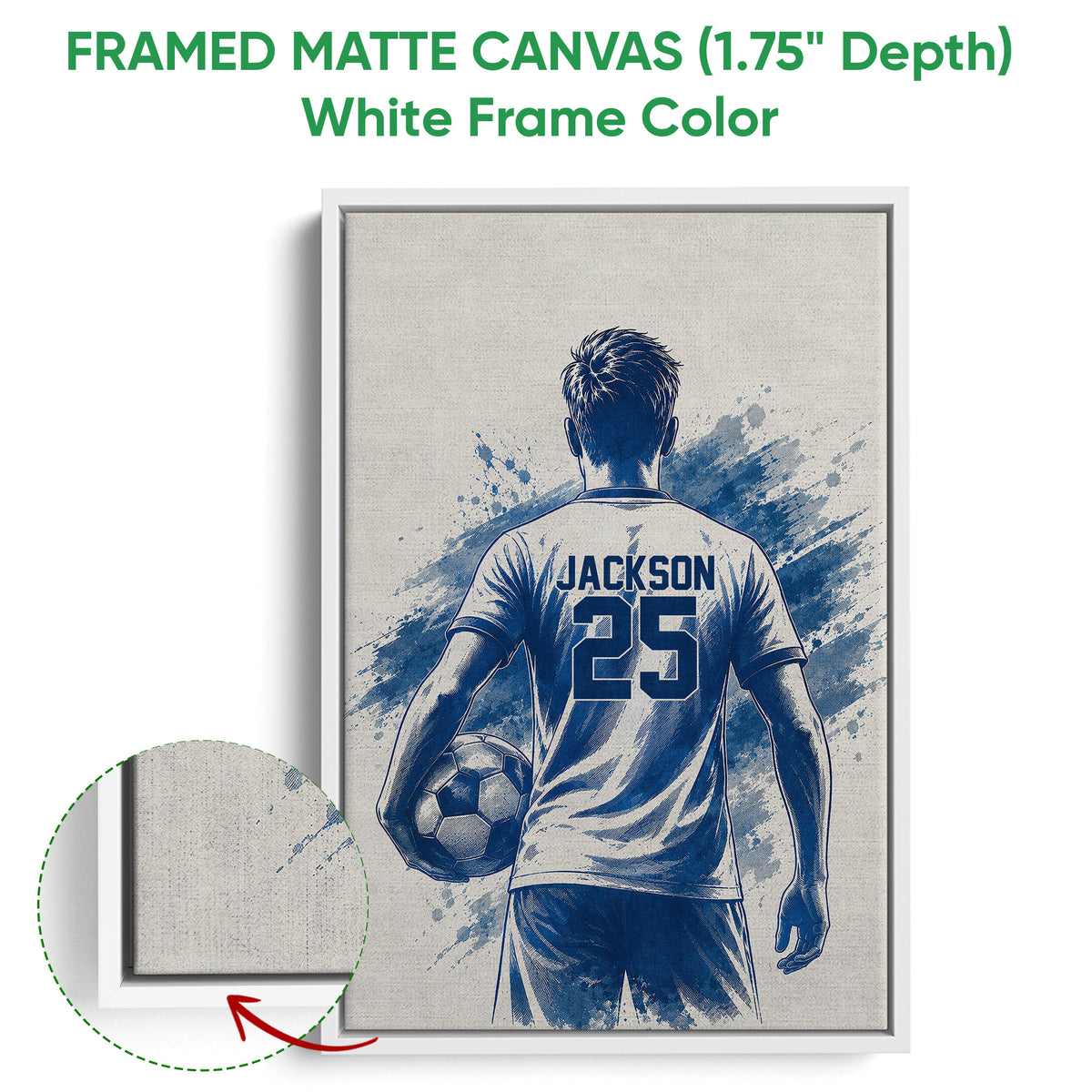 White framed soccer canvas wall art featuring a player and ball in blue monochrome artwork