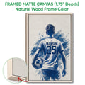 Natural wood framed soccer wall art showing a player with a ball and blue painted accents
