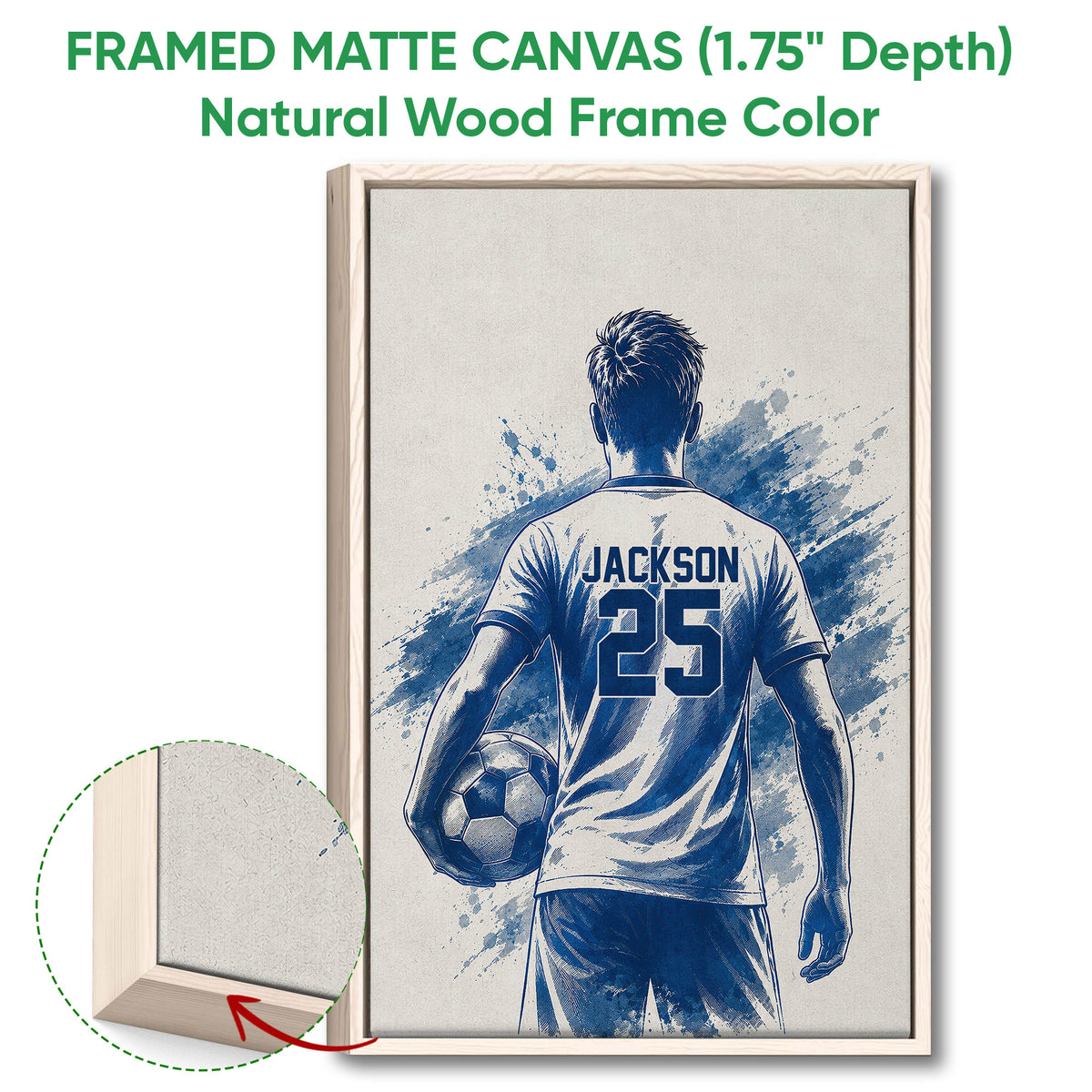 Natural wood framed soccer wall art showing a player with a ball and blue painted accents