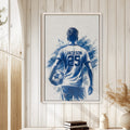 Soccer wall art displayed in a bright room with wood paneling and neutral home decor