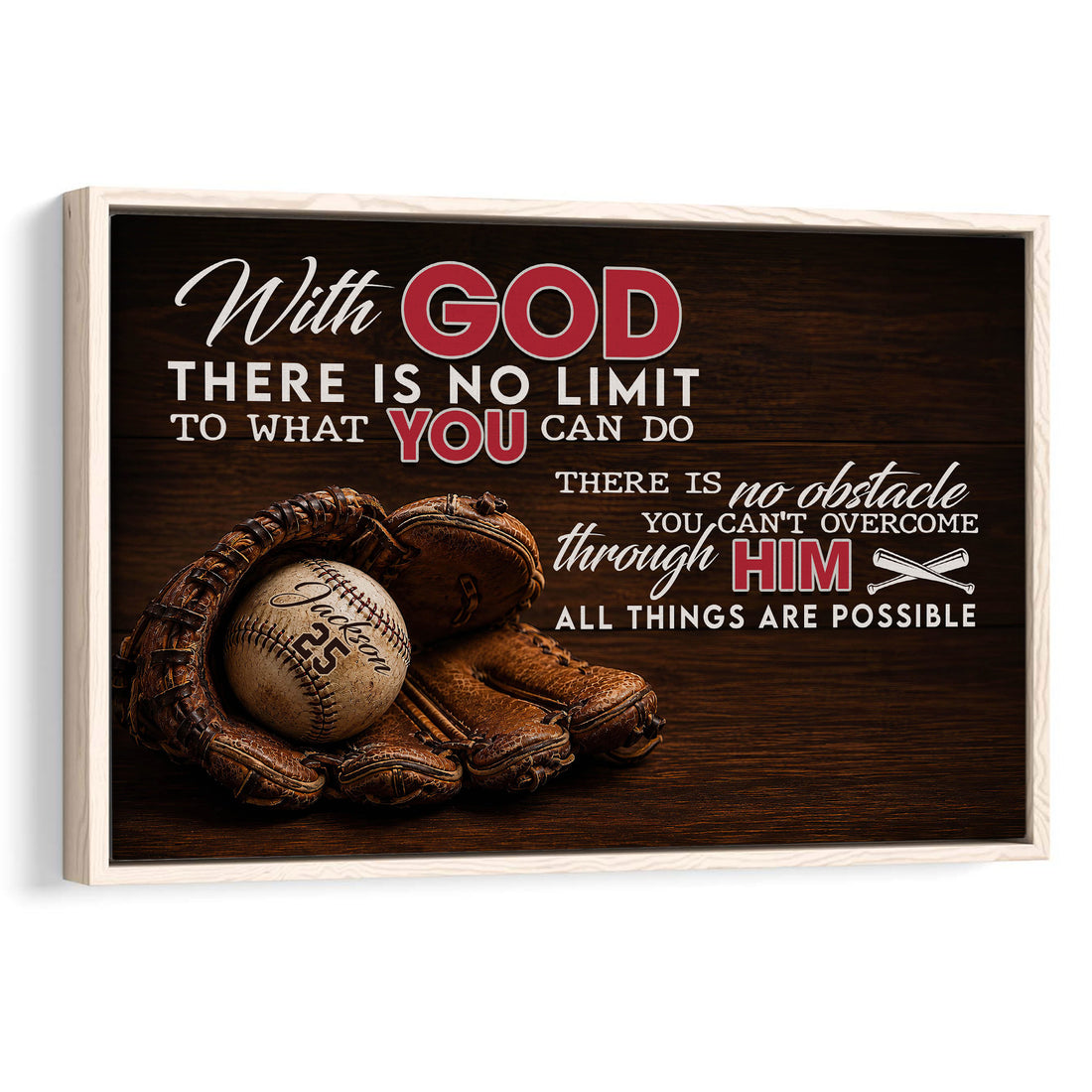 Framed baseball wall art with a glove, ball, faith-inspired message, and dark wood background