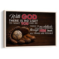 Framed baseball wall art with a glove, ball, faith-inspired message, and dark wood background