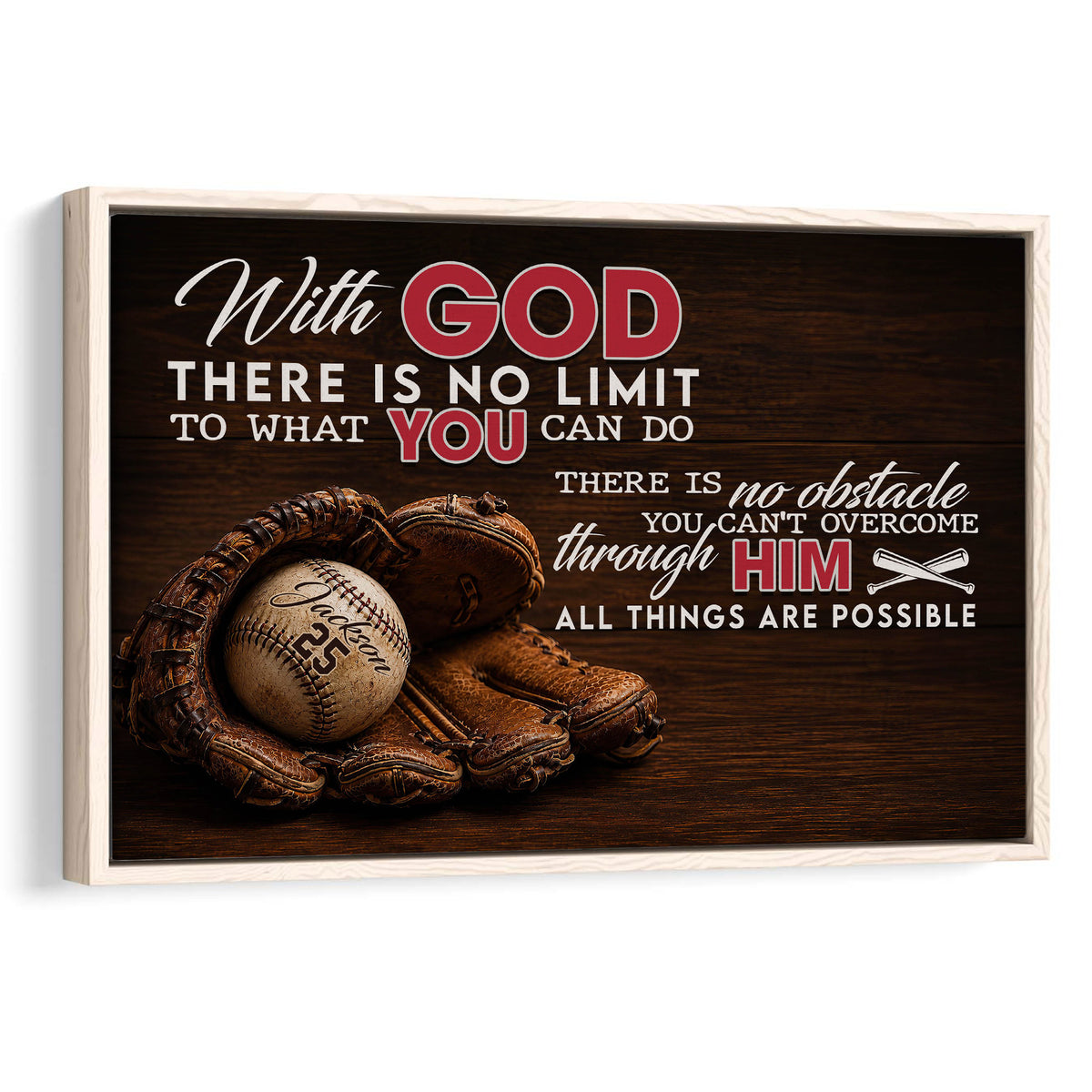 Framed baseball wall art with a glove, ball, faith-inspired message, and dark wood background