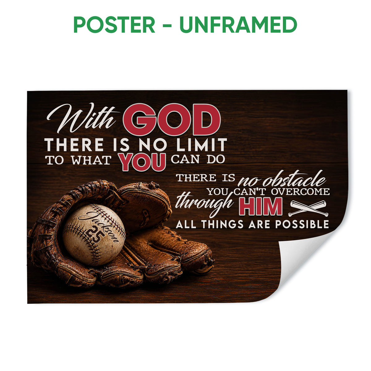 Unframed baseball poster featuring a glove, baseball, dark wood background, and inspirational faith message