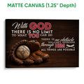 Matte canvas baseball wall art featuring a glove, ball, dark wood background, and bold lettering