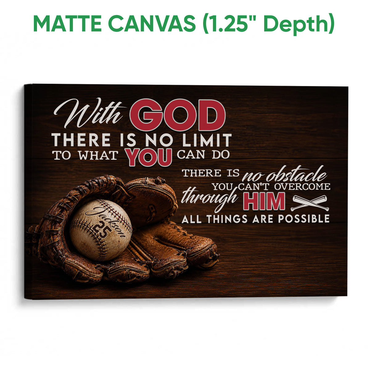 Matte canvas baseball wall art featuring a glove, ball, dark wood background, and bold lettering