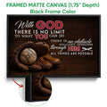 Framed baseball canvas wall art shown with a black frame and close-up of the glove and ball design