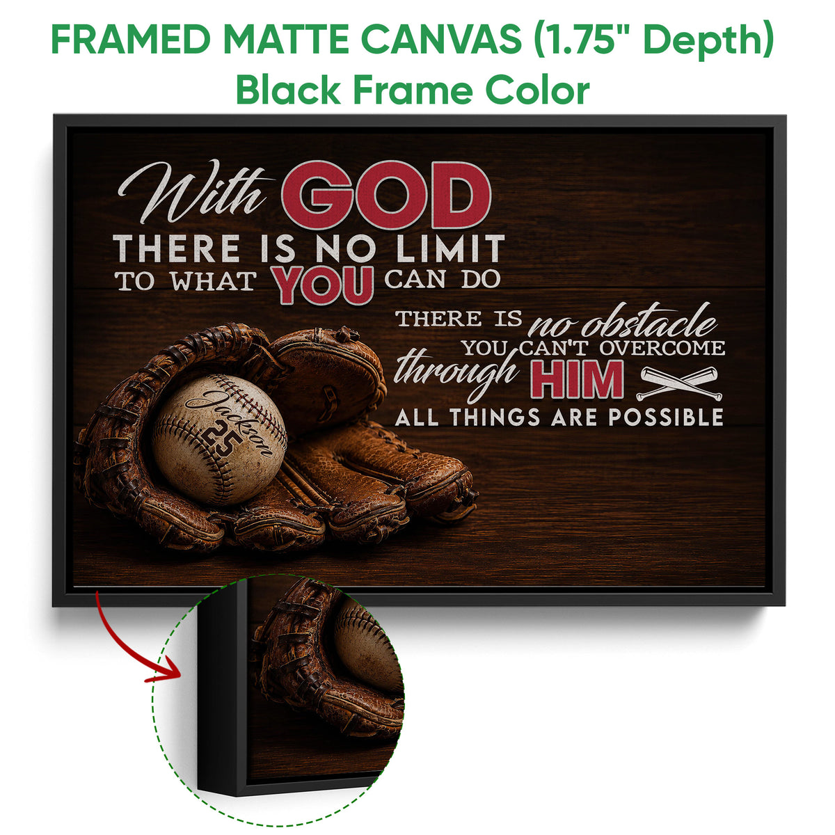 Framed baseball canvas wall art shown with a black frame and close-up of the glove and ball design