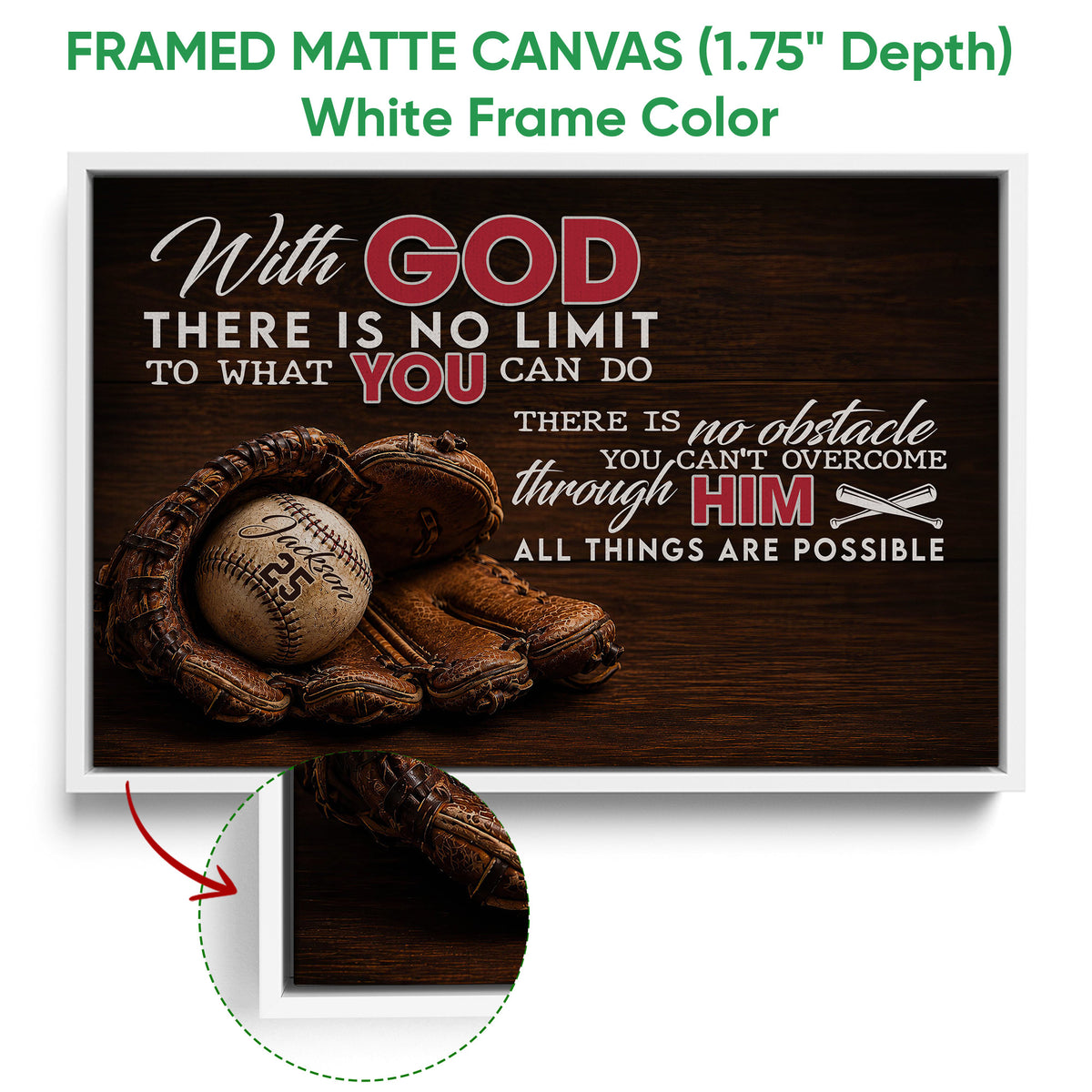 Framed baseball canvas wall art shown with a white frame and close-up detail of the artwork