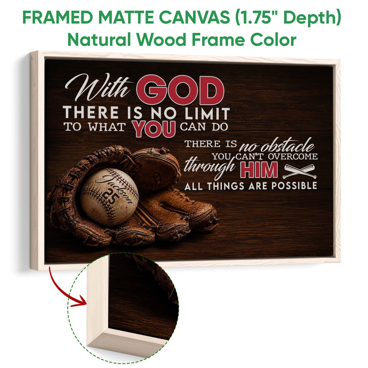 Framed baseball canvas wall art shown with a natural wood frame and close-up edge detail