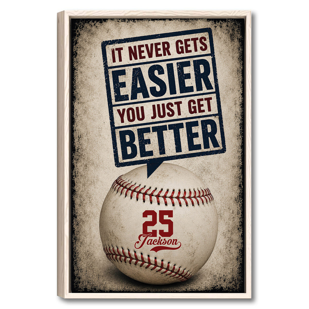 Framed baseball wall art featuring a large vintage-style baseball and bold sports lettering