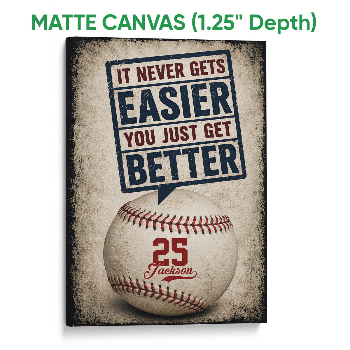 Matte canvas baseball wall art shown with a gallery-style presentation and textured finish