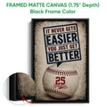 Black framed canvas baseball wall art with a close-up view of the frame and textured artwork