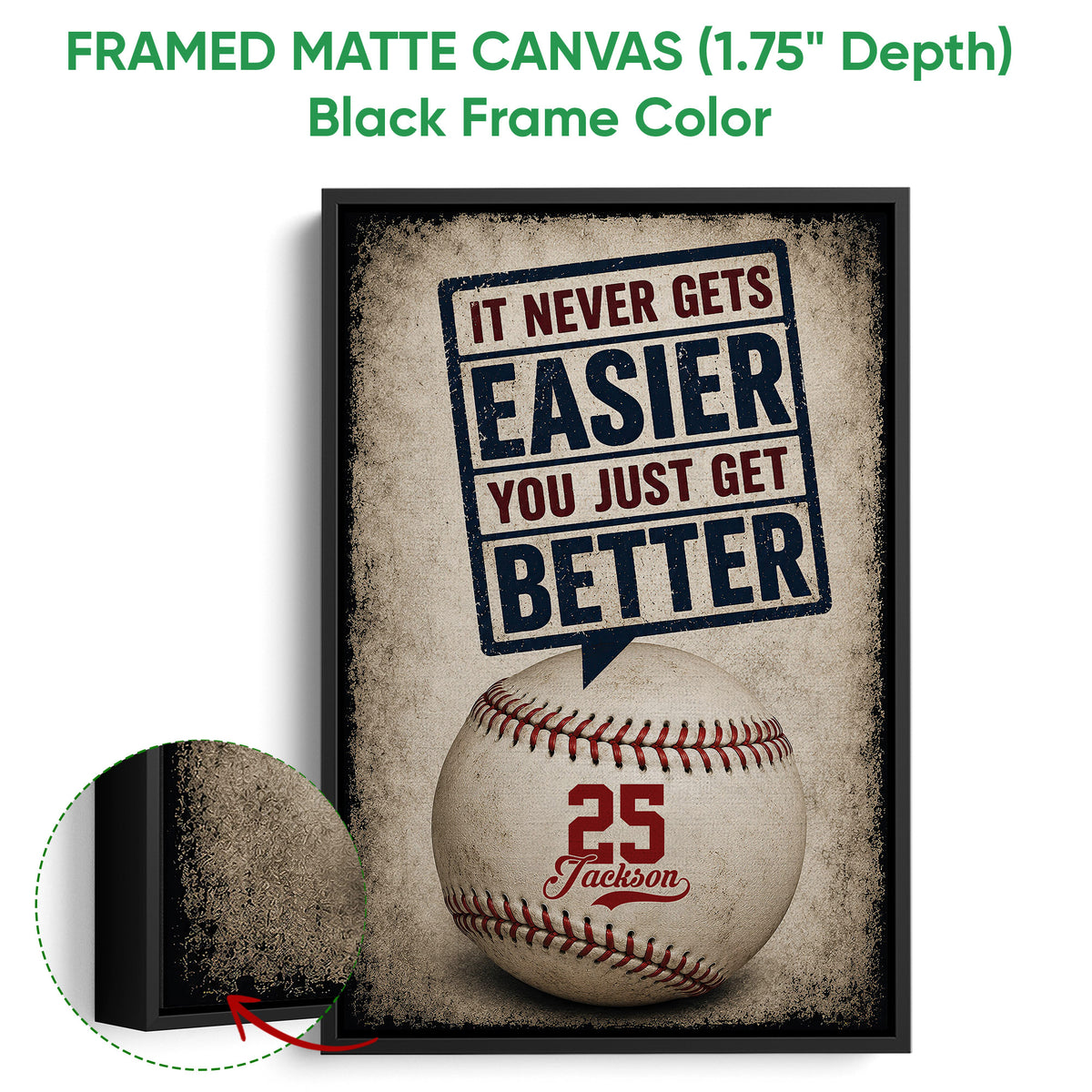 Black framed canvas baseball wall art with a close-up view of the frame and textured artwork