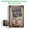 White framed canvas baseball wall art with a close-up view of the frame and sports design