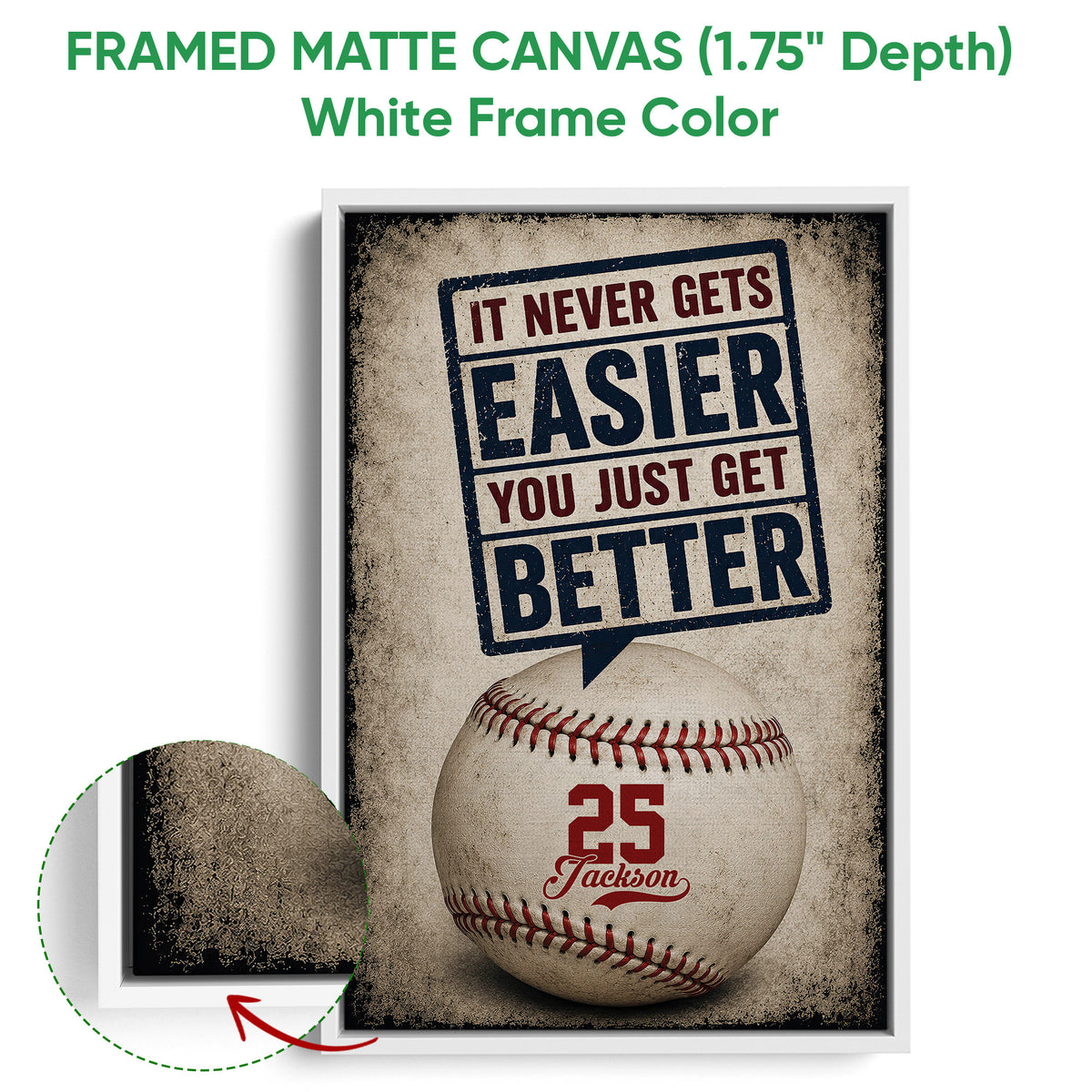 White framed canvas baseball wall art with a close-up view of the frame and sports design
