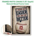 Natural wood framed canvas baseball wall art with a close-up view of the wood frame