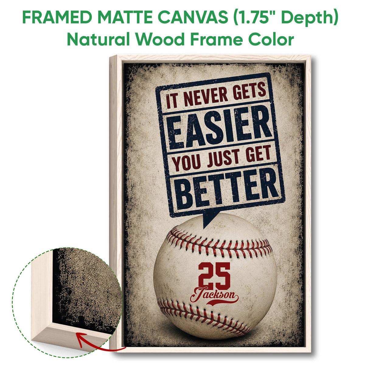 Natural wood framed canvas baseball wall art with a close-up view of the wood frame