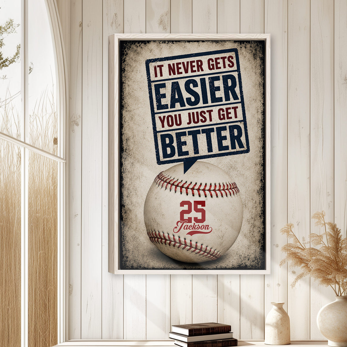 Baseball wall art displayed in a bright home with white paneled walls and neutral decor