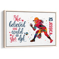 Framed softball wall art featuring a colorful female player, motivational lettering, and red and navy accents