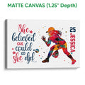 Matte canvas softball wall art featuring a vibrant player illustration and motivational red and navy design