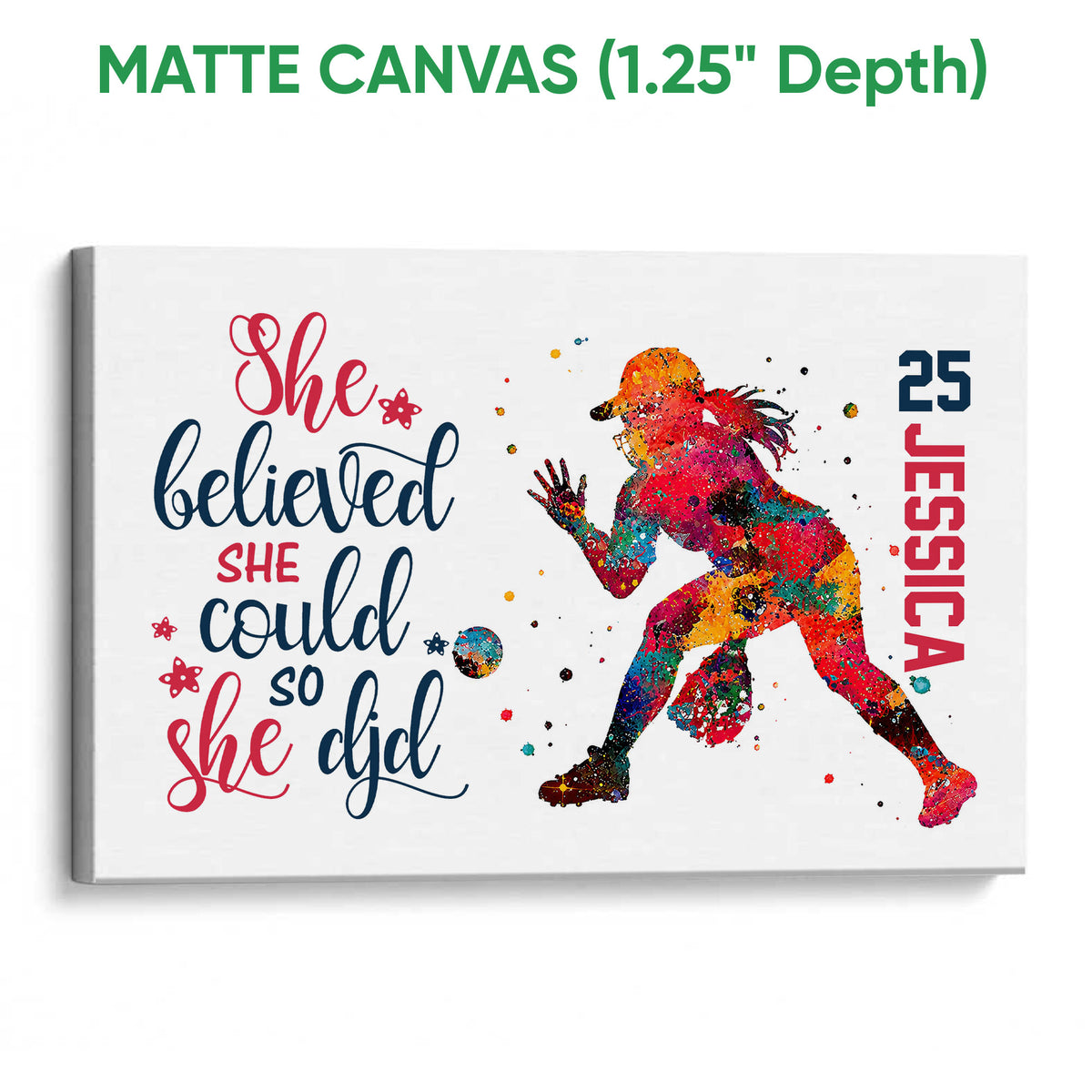 Matte canvas softball wall art featuring a vibrant player illustration and motivational red and navy design