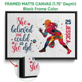 Black framed softball canvas wall art with colorful action artwork and a close-up of the canvas texture