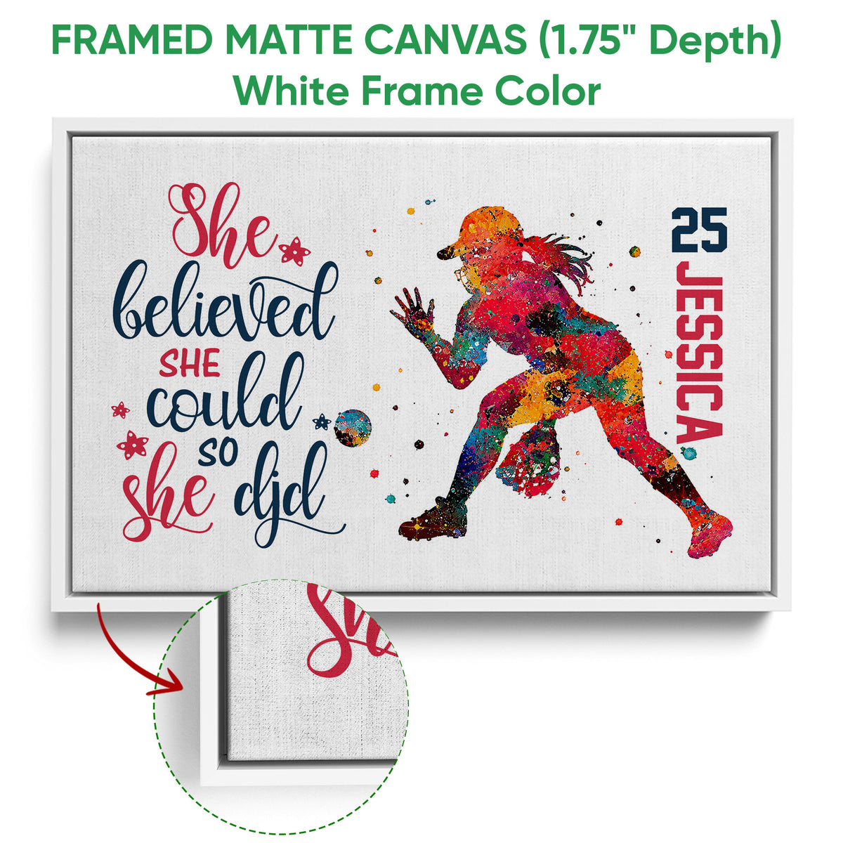 White framed softball canvas wall art showing a colorful player illustration and detailed canvas surface